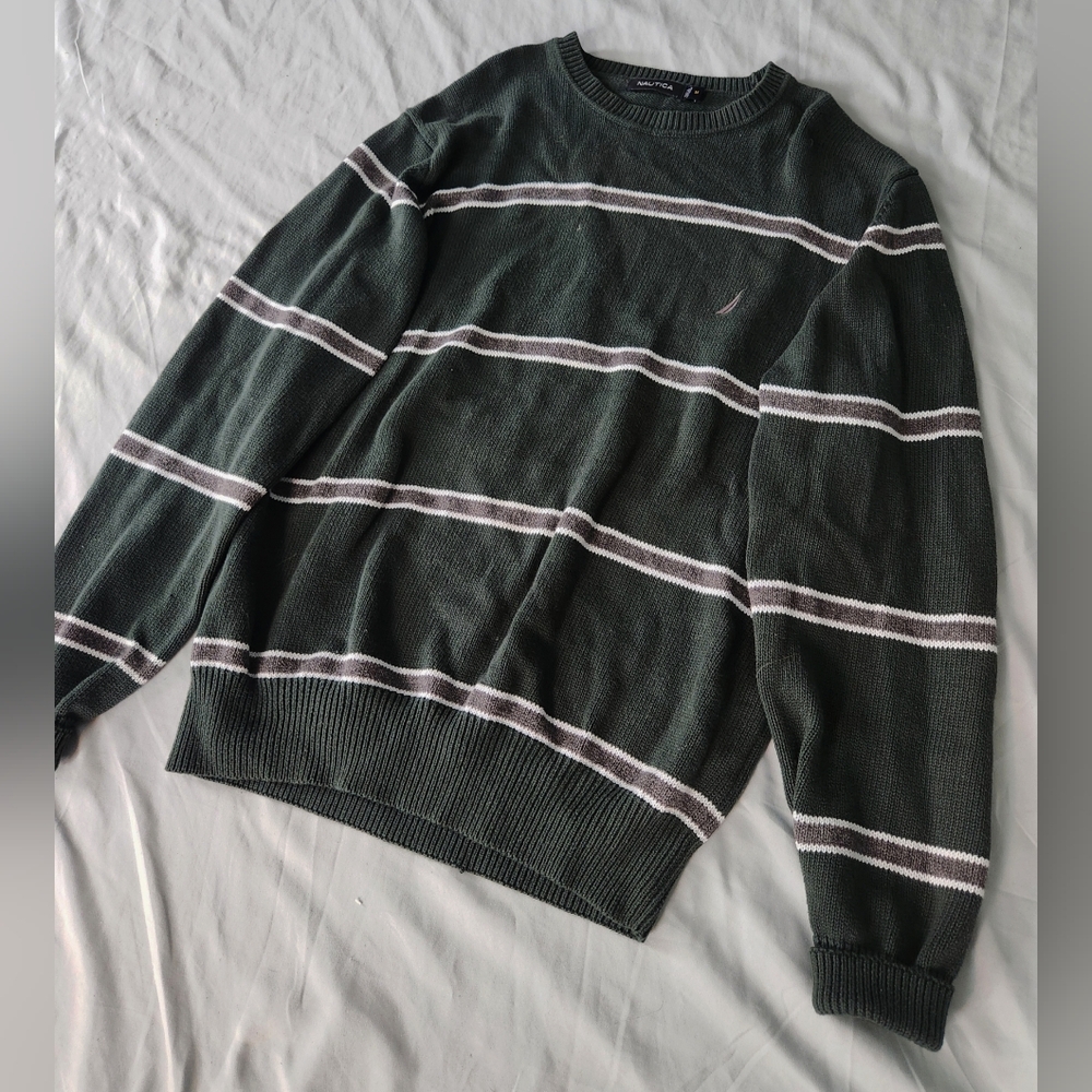 Nautica Dark Green and Gray Striped Crewneck Sweater
